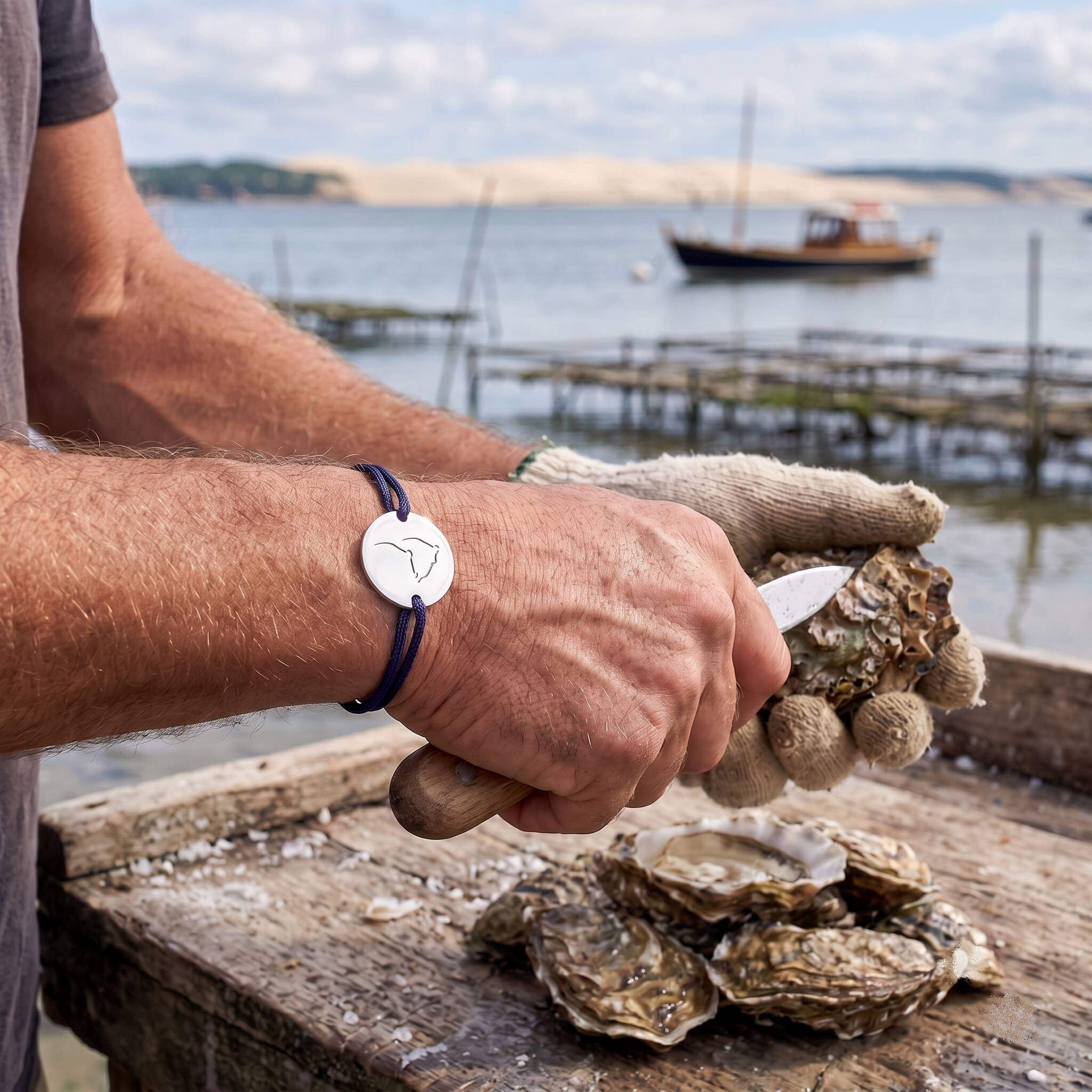 DENIZEN silver bracelet of the Bassin d'Arcachon with navy string