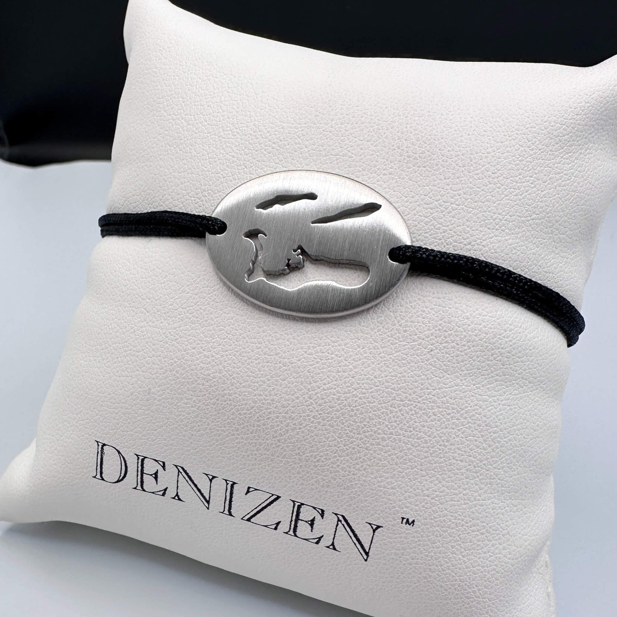 DENIZEN bracelet of Cayman Islands map brushed steel black string large size