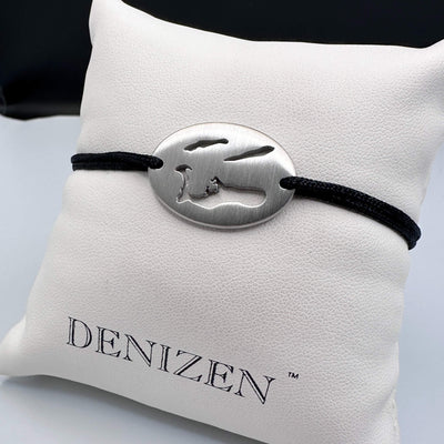 DENIZEN bracelet of Cayman Islands map brushed steel black string large size