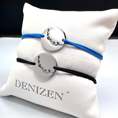 Steel DENIZEN bracelet of Sanibel Island map with black or blue string in medium size