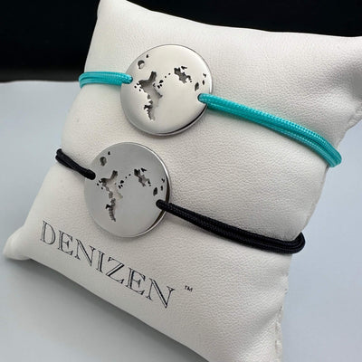 DENIZEN bracelets of Seychelles map cutout in silver with on black and turquoise strings