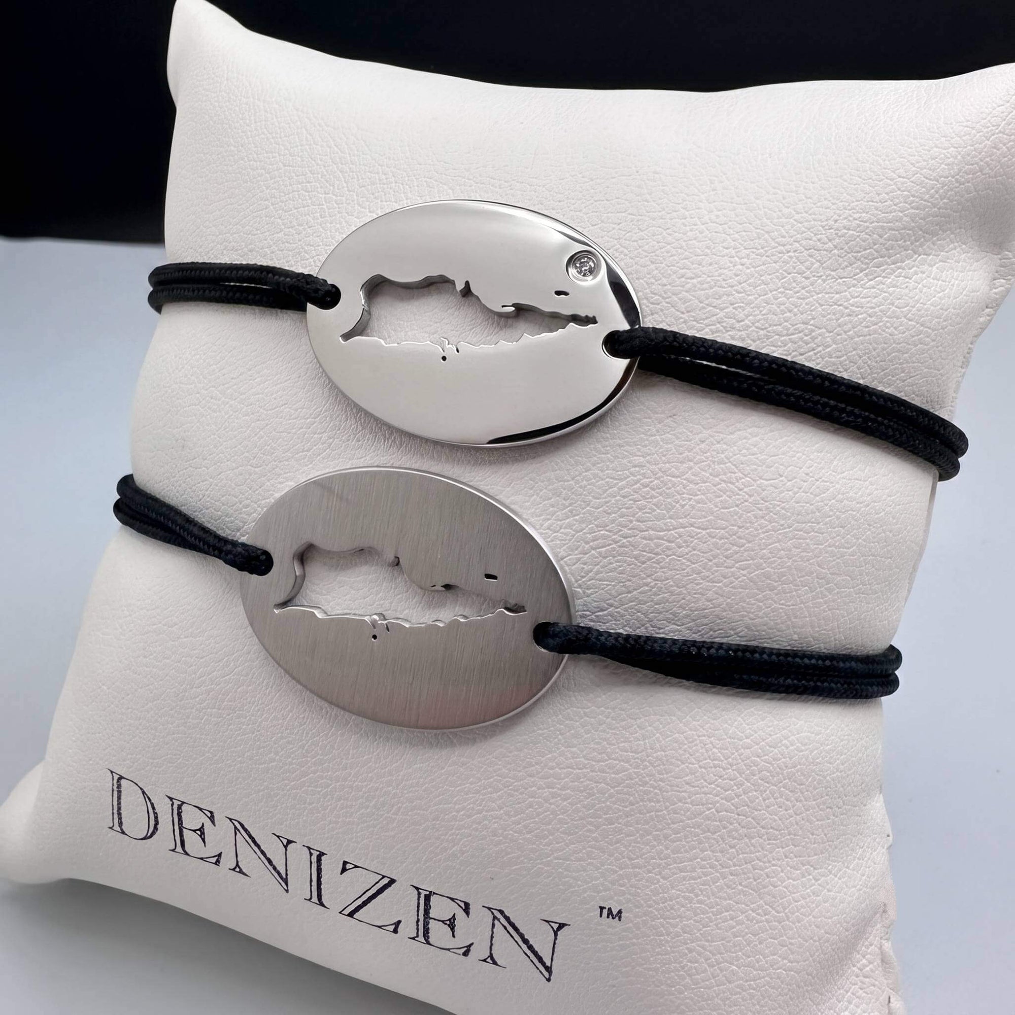 DENIZEN bracelets of St Croix map in silver with black strings