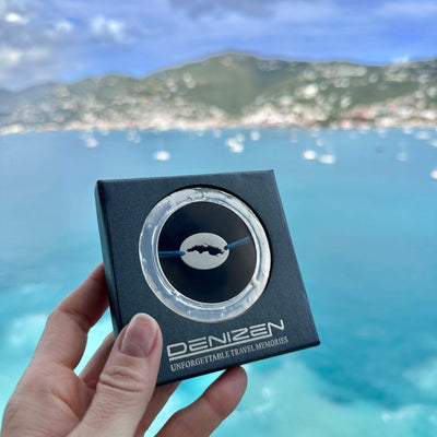 Denizen bracelet of St Thomas USVI map in brushed steel in ship porthole gift box