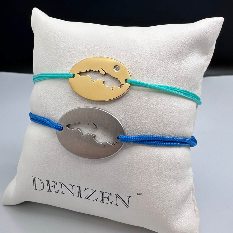 Denizen bracelet of St Thomas USVI map in brushed steel in ship porthole gift box