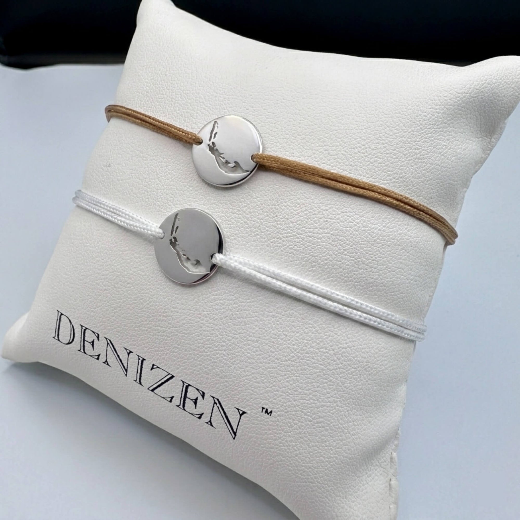 Sterling silver DENIZEN bracelet of Sanibel Island map with white or beige string in mini size