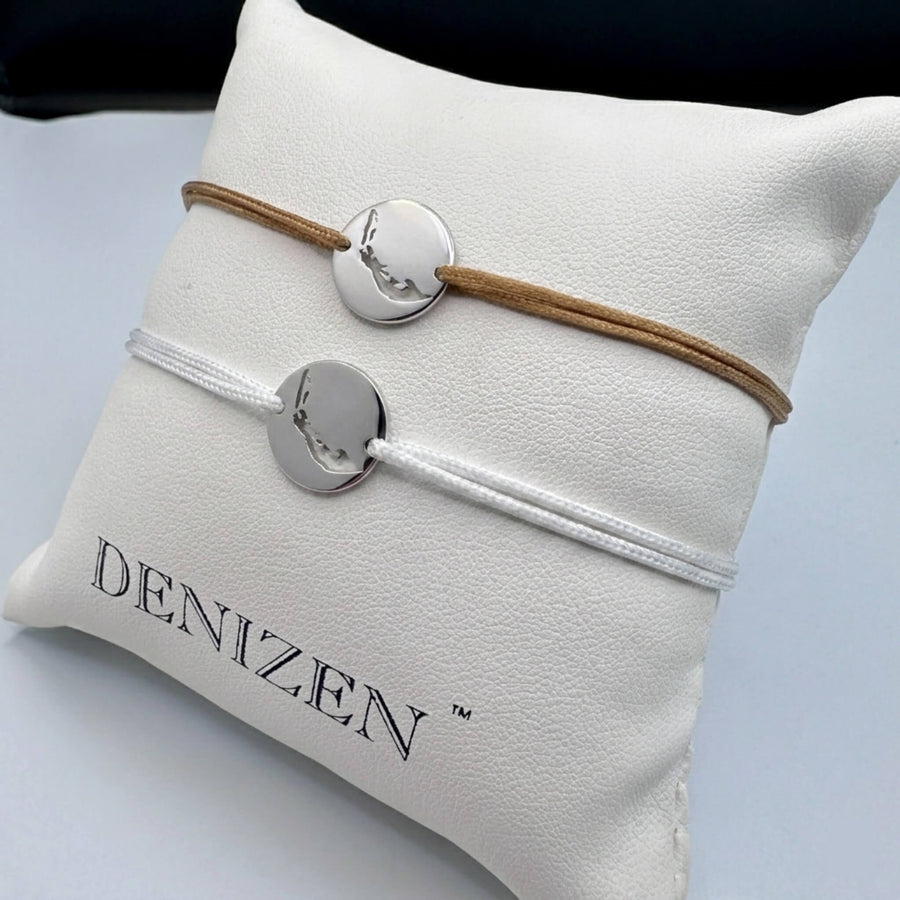 Sterling silver DENIZEN bracelet of Sanibel Island map with turquoise or blue string in mini size