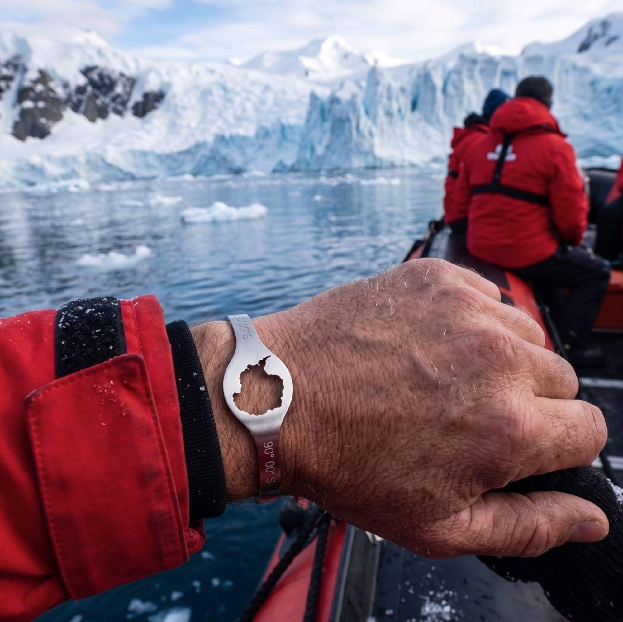 DENIZEN brushed-silver cuff with Antarctica map and coordinates for men
