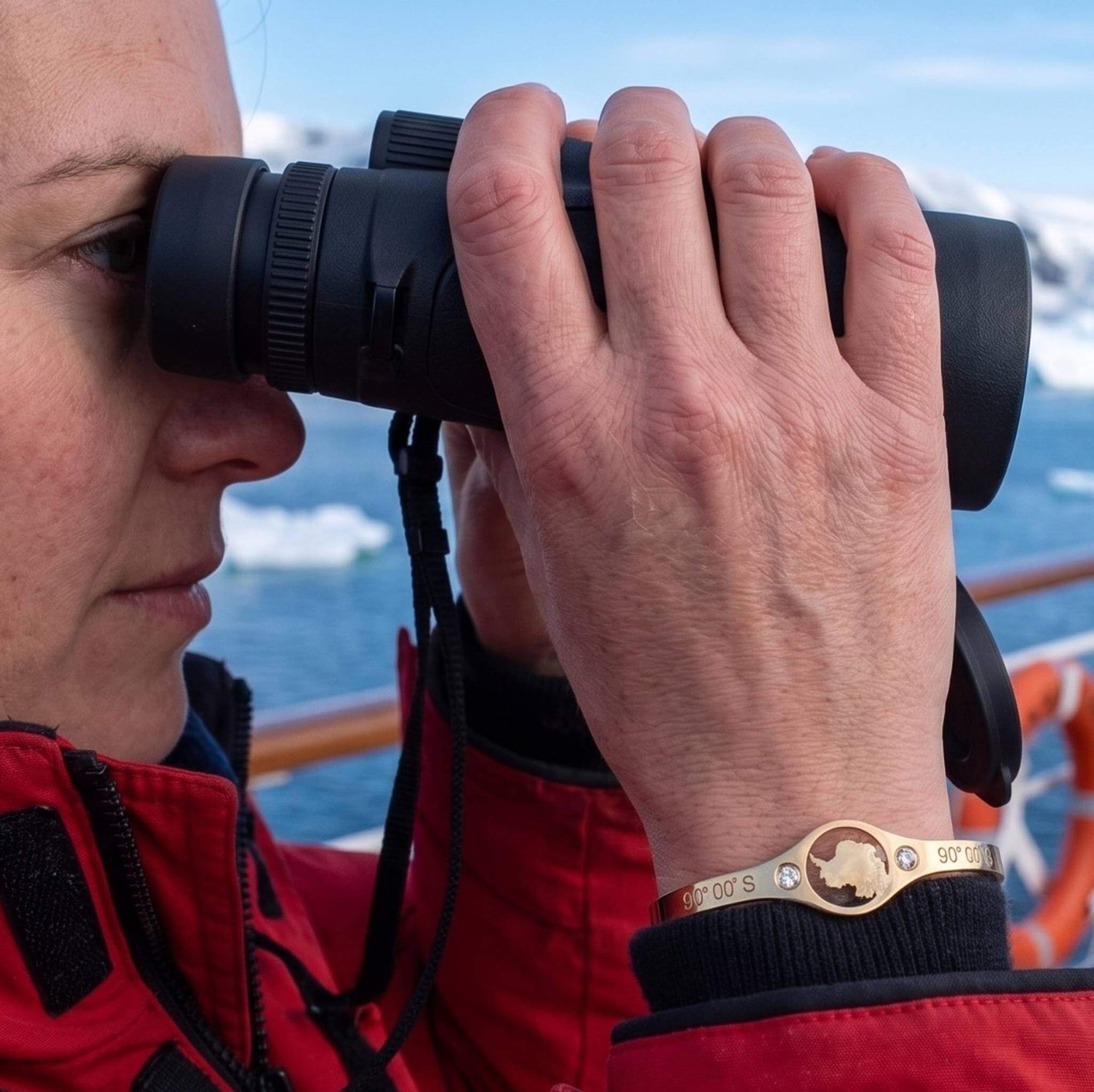 DENIZEN gold cuff with Antarctica map and coordinates for women