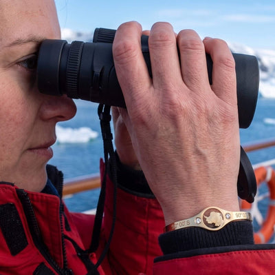 DENIZEN gold cuff with Antarctica map and coordinates for women