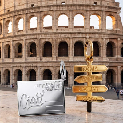 DENIZEN Italy postcard and direction post charms in gold and silver