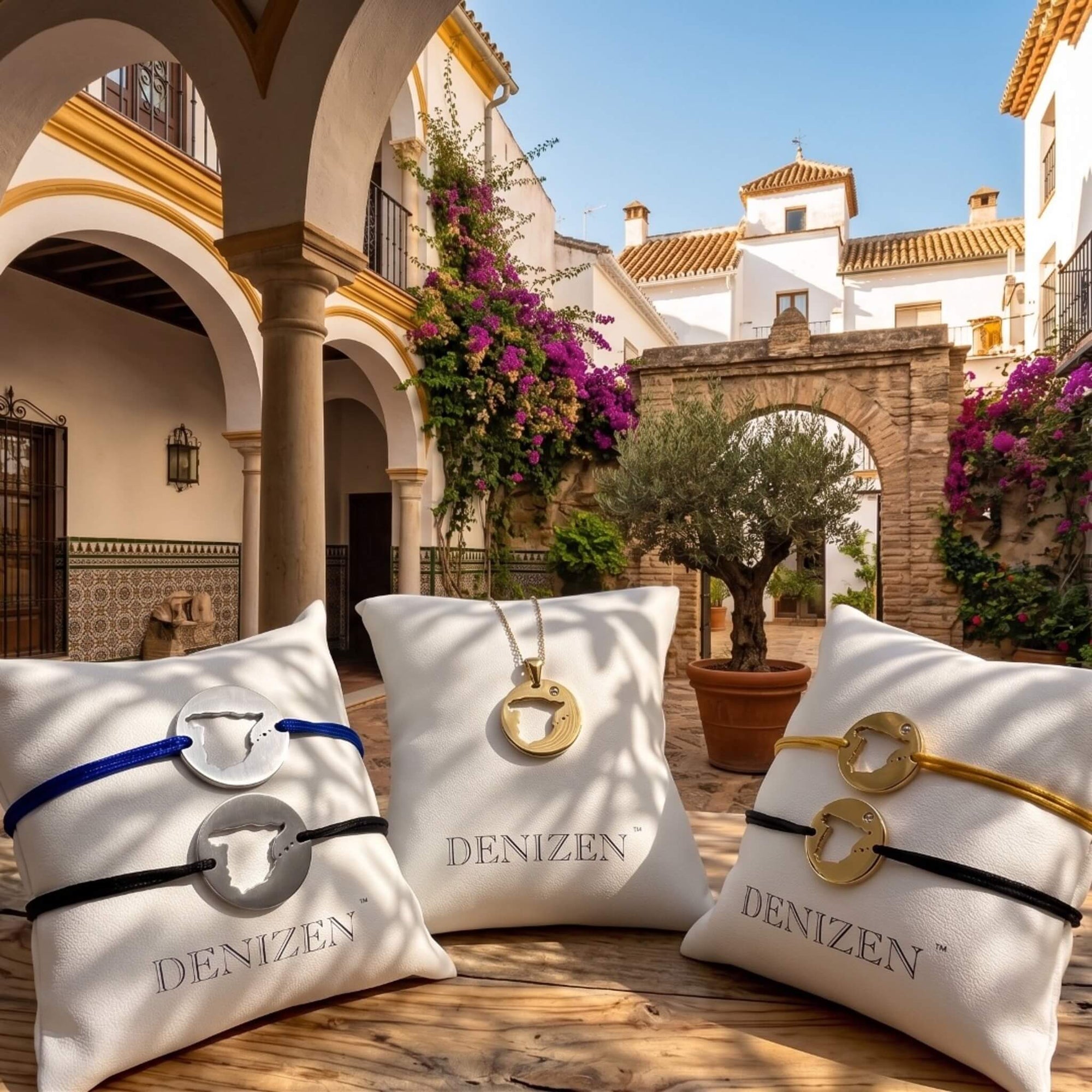 Four Denizen gold and brushed steel bracelets and one gold chain pendant with a cut-out map of Spain displayed on white branded cushion. The steel bracelets have a black or navy string, the gold ones, a black or beige string.