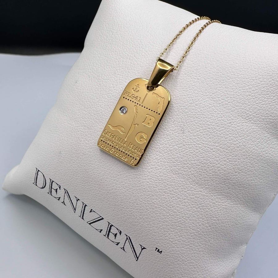 DENIZEN Boca Grande luggage tag charm necklace in gold-plated stainless steel