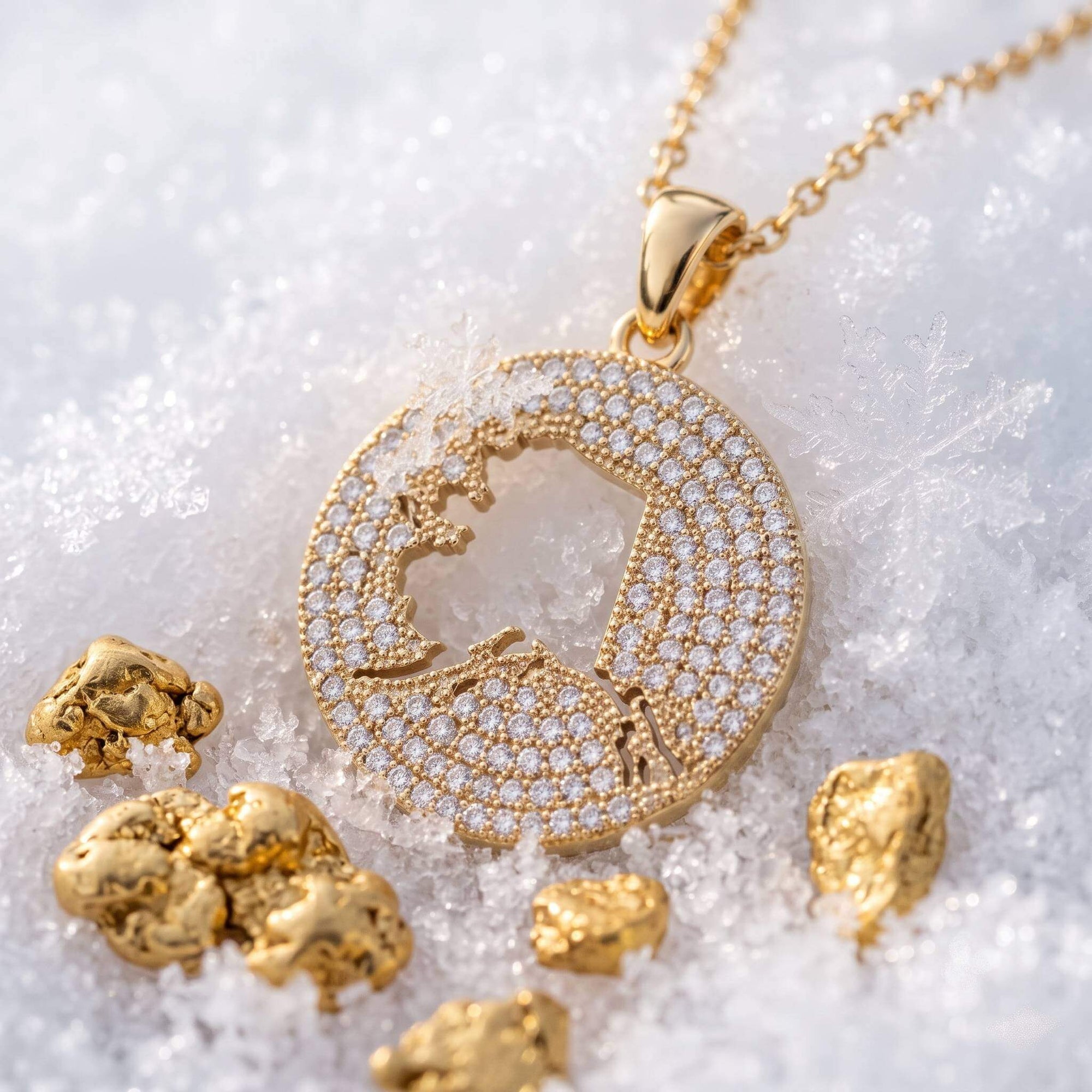 A round gold pendant necklace pavé-set design, displayed on snow with scattered gold nuggets. The pendant features a central cutout of the Alaska map.