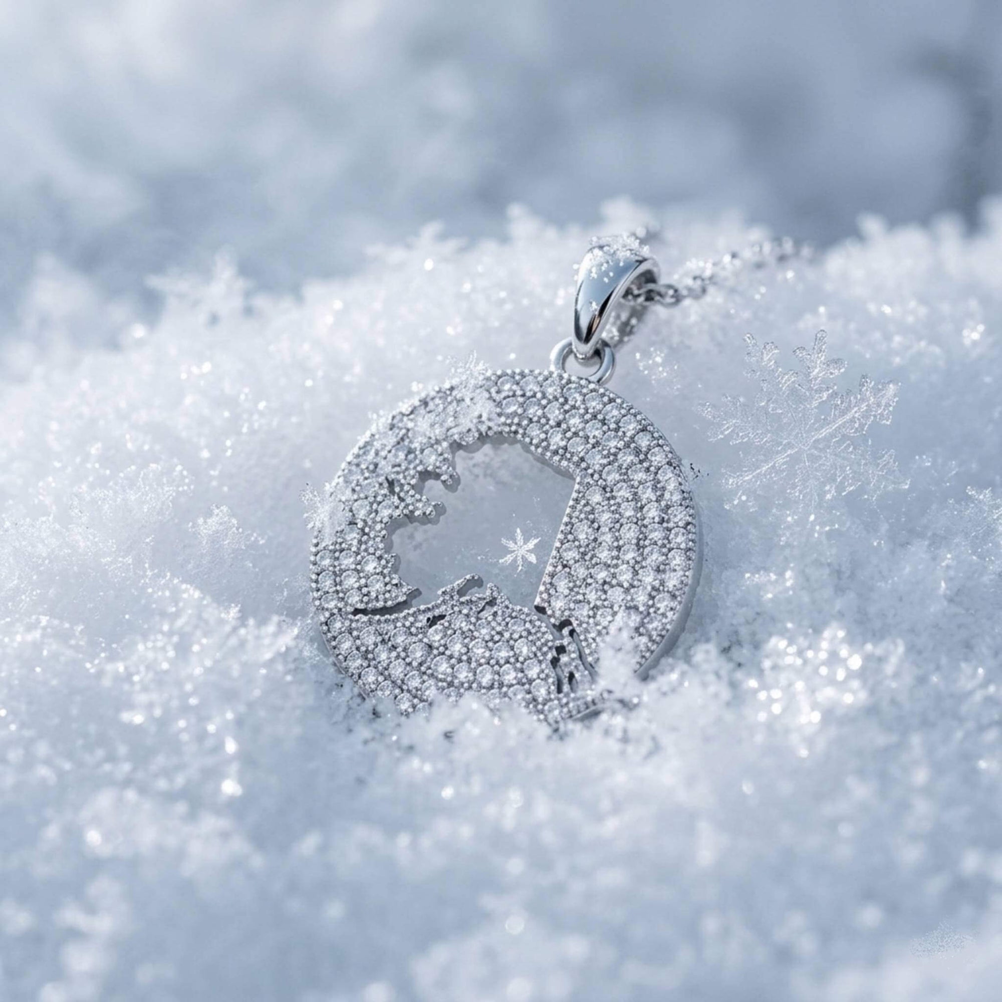 A round silver pendant paved with diamonds featuring a cutout map of Alaska, resting on white snow.