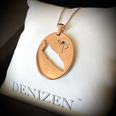 DENIZEN necklace of Aruba map & flamingo rose gold