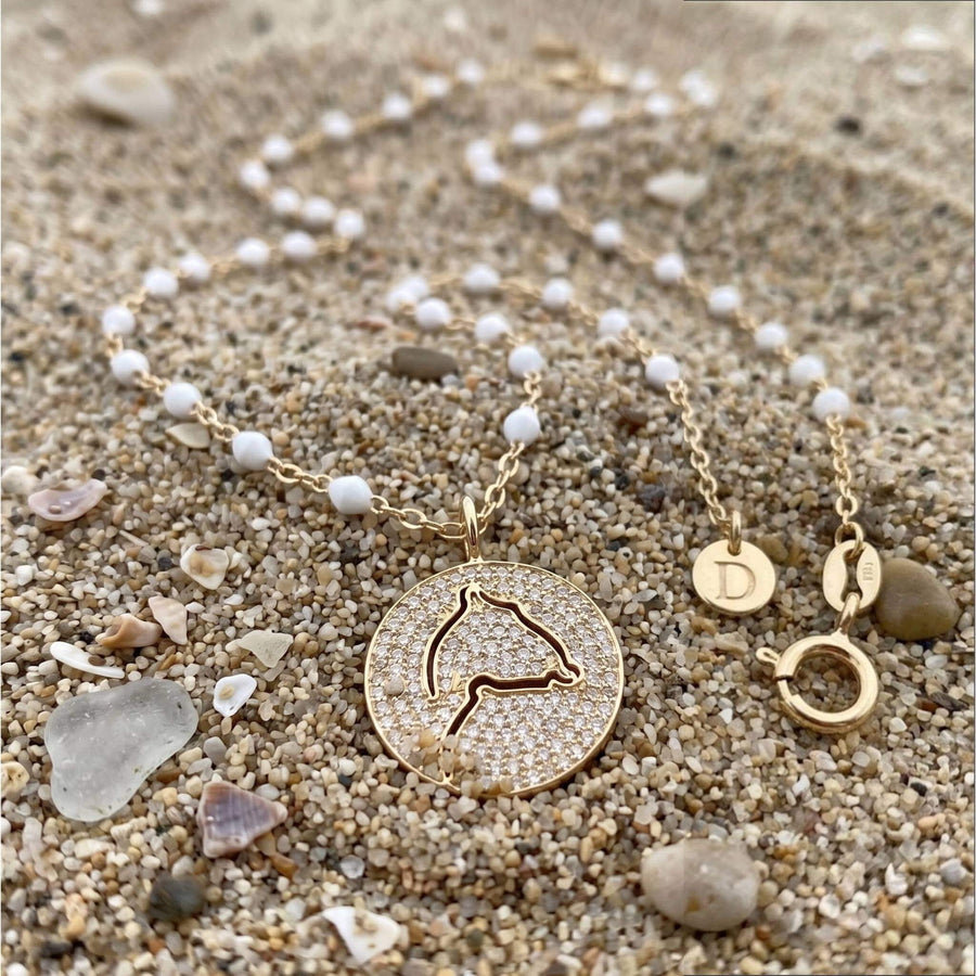 DENIZEN gold pave necklace Bassin d'Arcachon white rosary