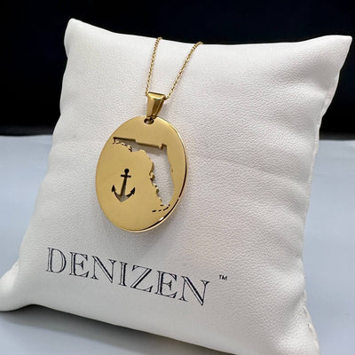 DENIZEN necklace of Florida map and anchor on gold chain