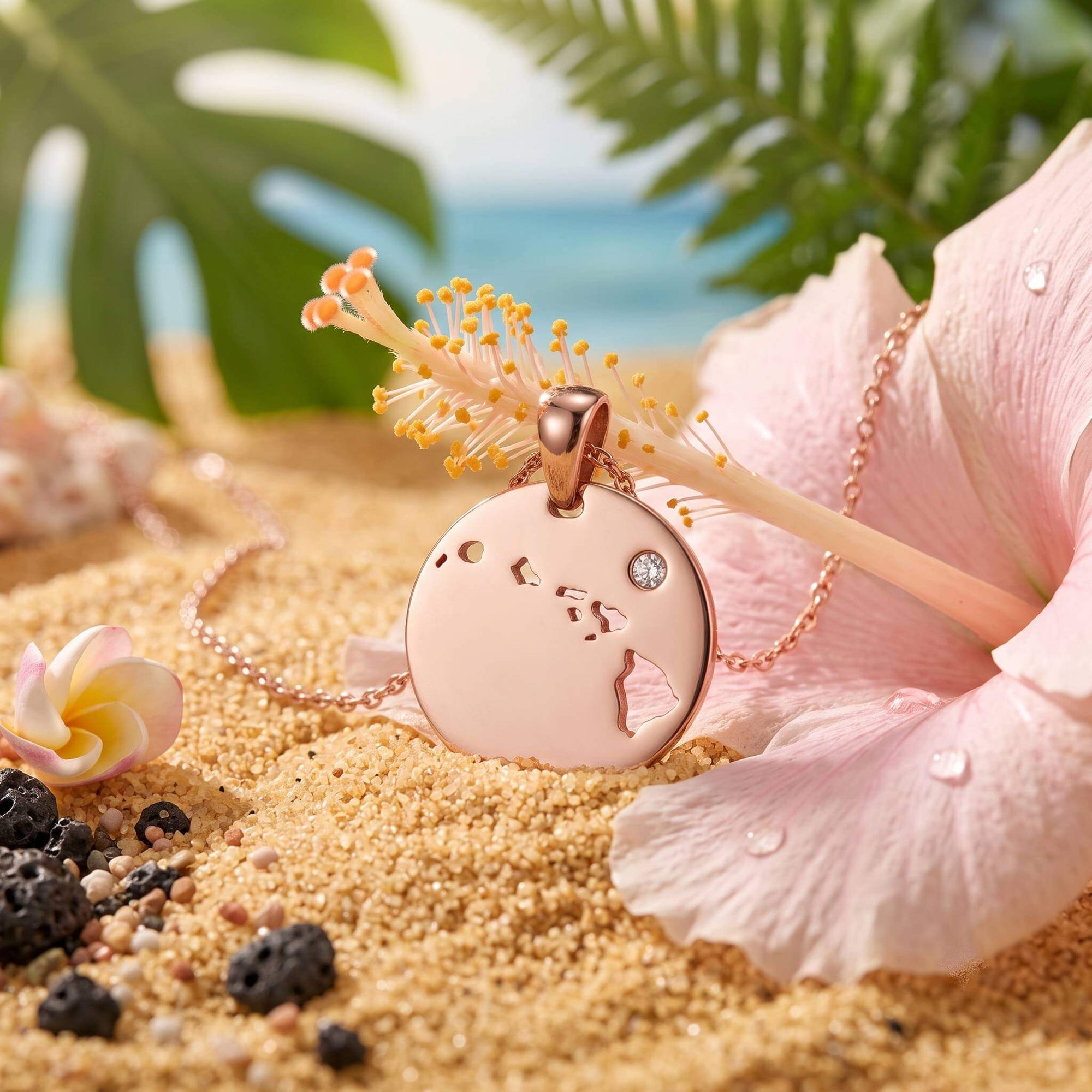 A rose gold pendant necklace with a cutout map of Hawaii and a small clear gemstone, displayed on a sandy beach with a pink hibiscus flower, green leaves, and lava rocks.