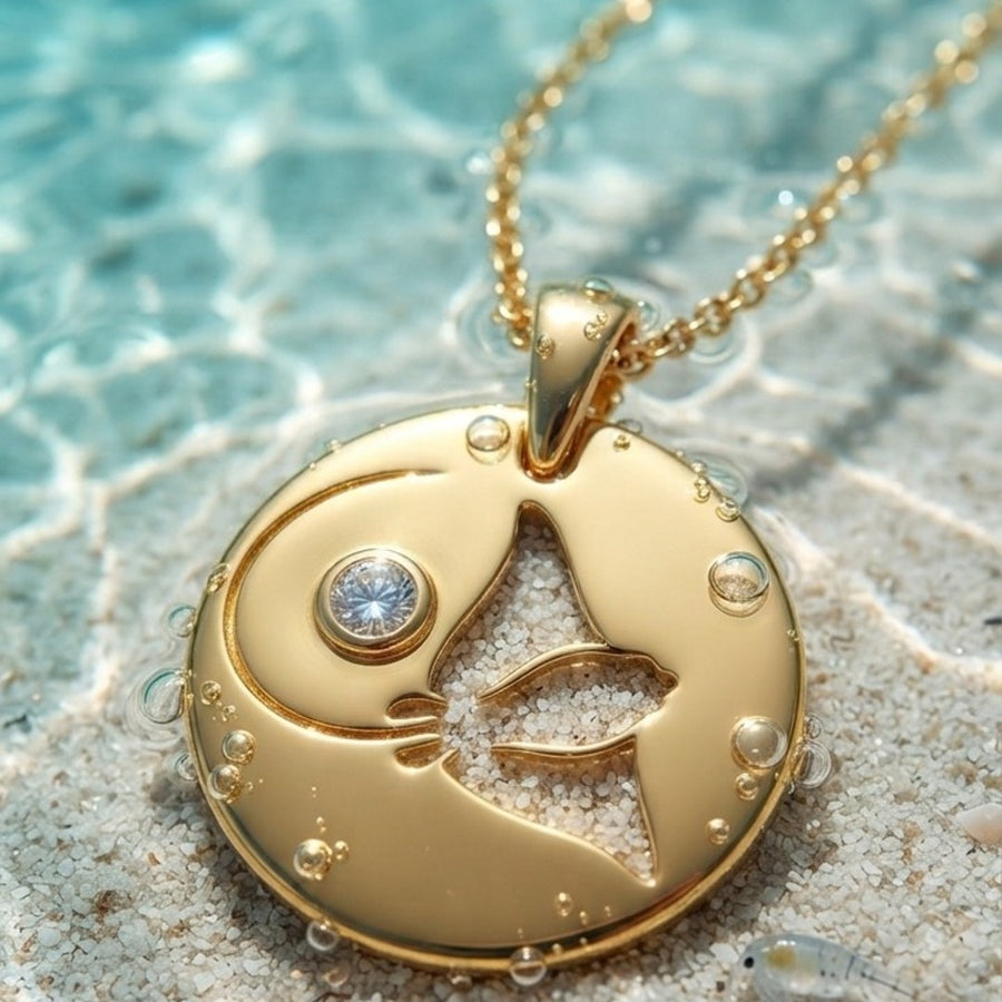 A gold round pendant featuring a stingray cutout design and a clear stone, resting on a sandy sea bead in turquoise water