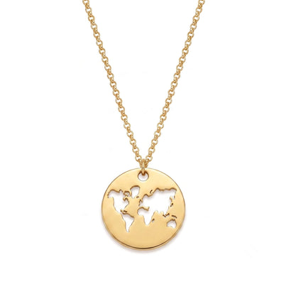 A gold chain necklace with a round disc pendant featuring a cutout world map design, shown against a plain white background.