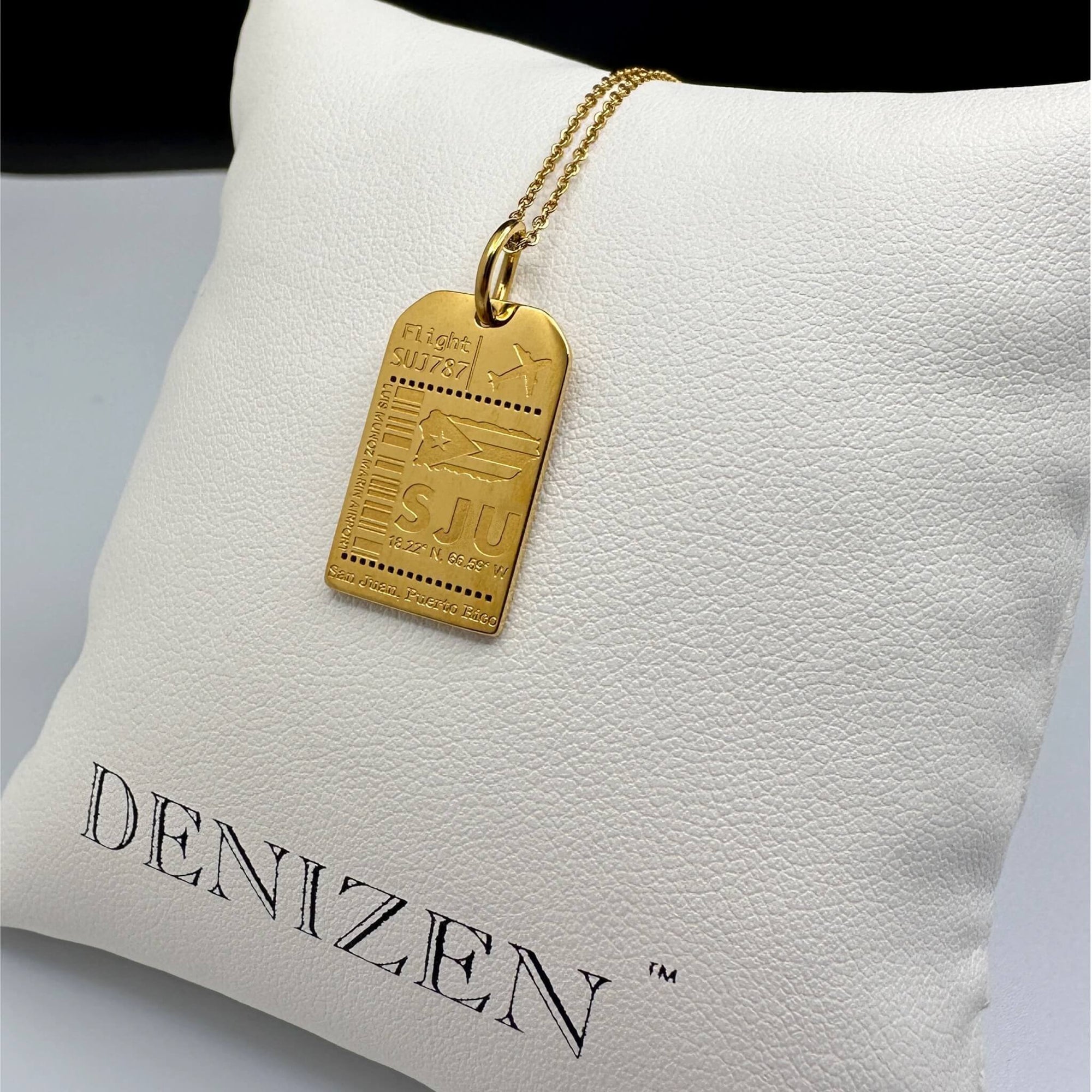 DENIZEN gold luggage tag pendant of San Juan Puerto Rico
