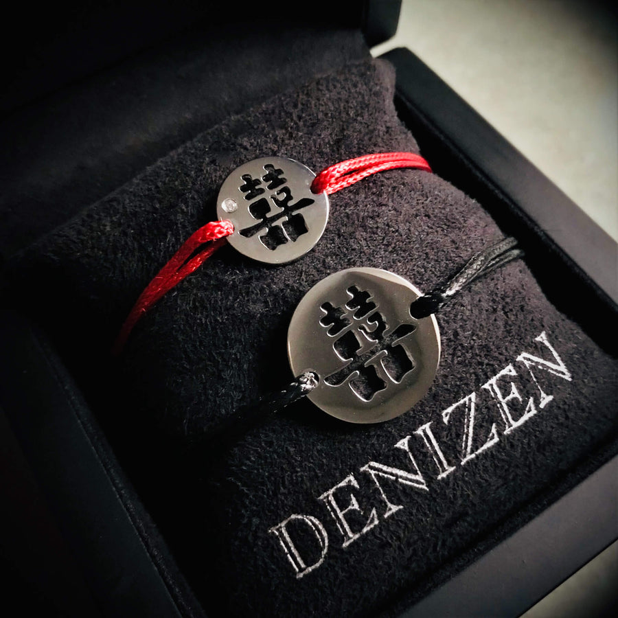 DENIZEN bracelets of Double Happiness symbol silver black red